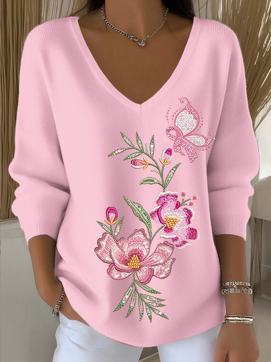 Γυναικείο Vintage floral κορδέλα τέχνης V-Neck top.