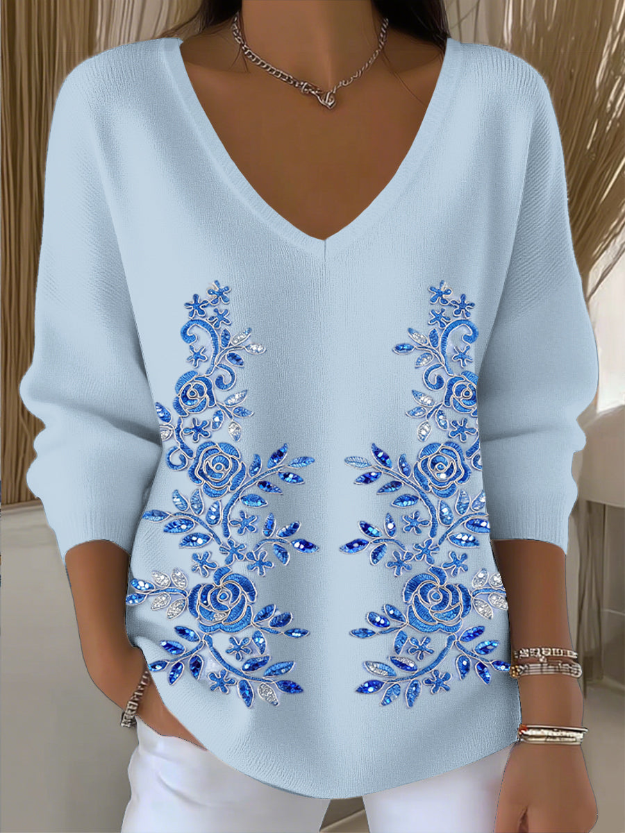 Γυναικείο Vintage floral πούλια τέχνη V-Neck κορυφαίο