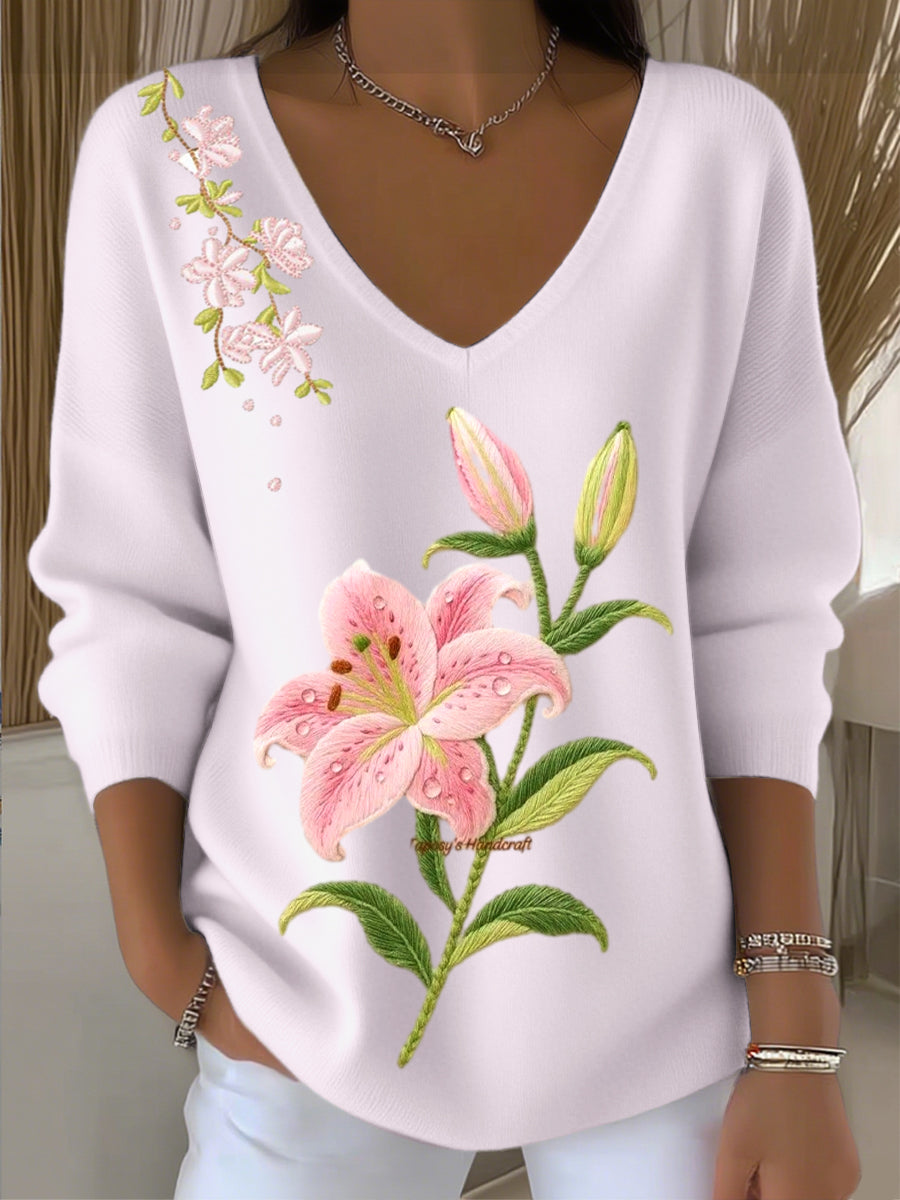 Γυναικείο ευρωπαϊκό στυλ ανοιχτό ροζ V-λαιμό πουλόβερ με όμορφο κρίνο κεντήματα, κλασικό και άνετο, κατάλληλο για διάφορες καθημερινές σκηνές