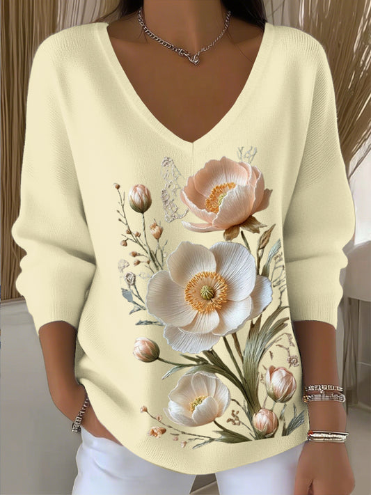Γυναικείο ευρωπαϊκό στυλ ανοιχτό κίτρινο V-λαιμό πουλόβερ με εξαιρετικά λουλούδια κεντήματα, μοντέρνα και άνετα, κατάλληλο για καθημερινή φθορά