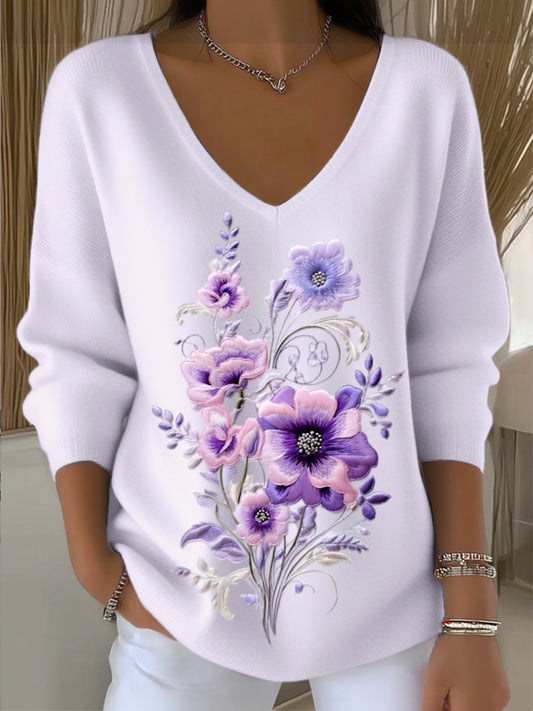 Γυναικείο ευρωπαϊκό στυλ ανοιχτό μωβ πουλόβερ V-λαιμό, ζευγάρι με κομψό κεντήματα, μοντέρνο και ζεστό, κατάλληλο για καθημερινές ανάγκες