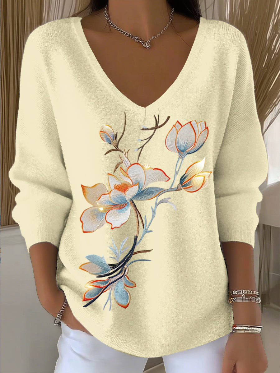 Γυναικείο ευρωπαϊκό στυλ ανοιχτό κίτρινο V-λαιμό πουλόβερ, ζευγάρι με γοητευτικό λουλουδιά κεντήματα, μοντέρνα και άνετα, ανταπόκριση καθημερινών αναγκών