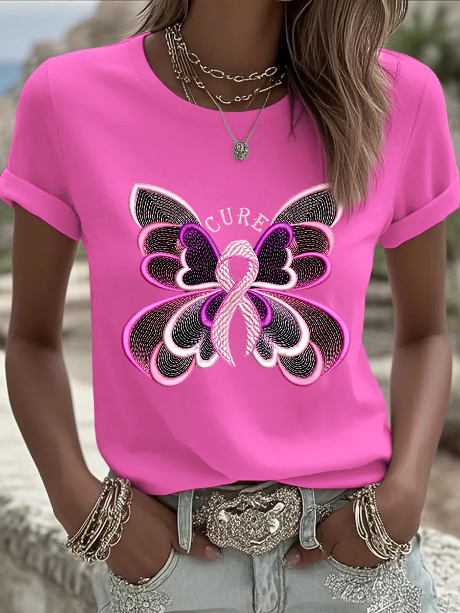 Γυναικείο μοντέρνο Ευρωπαϊκό ροζ T-shirt, όμορφη πεταλούδα στυλ κορδέλα πρόληψης καρκίνου του μαστού, μοντέρνο και απαραίτητο για την καθημερινή φθορά