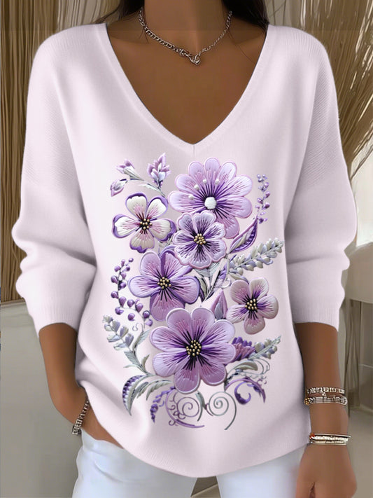 Γυναικείο ευρωπαϊκό στυλ ανοιχτό μωβ V-λαιμό πουλόβερ με εξαιρετικά λουλούδια κεντήματα, μοντέρνα και άνετα, κατάλληλο για καθημερινή φθορά