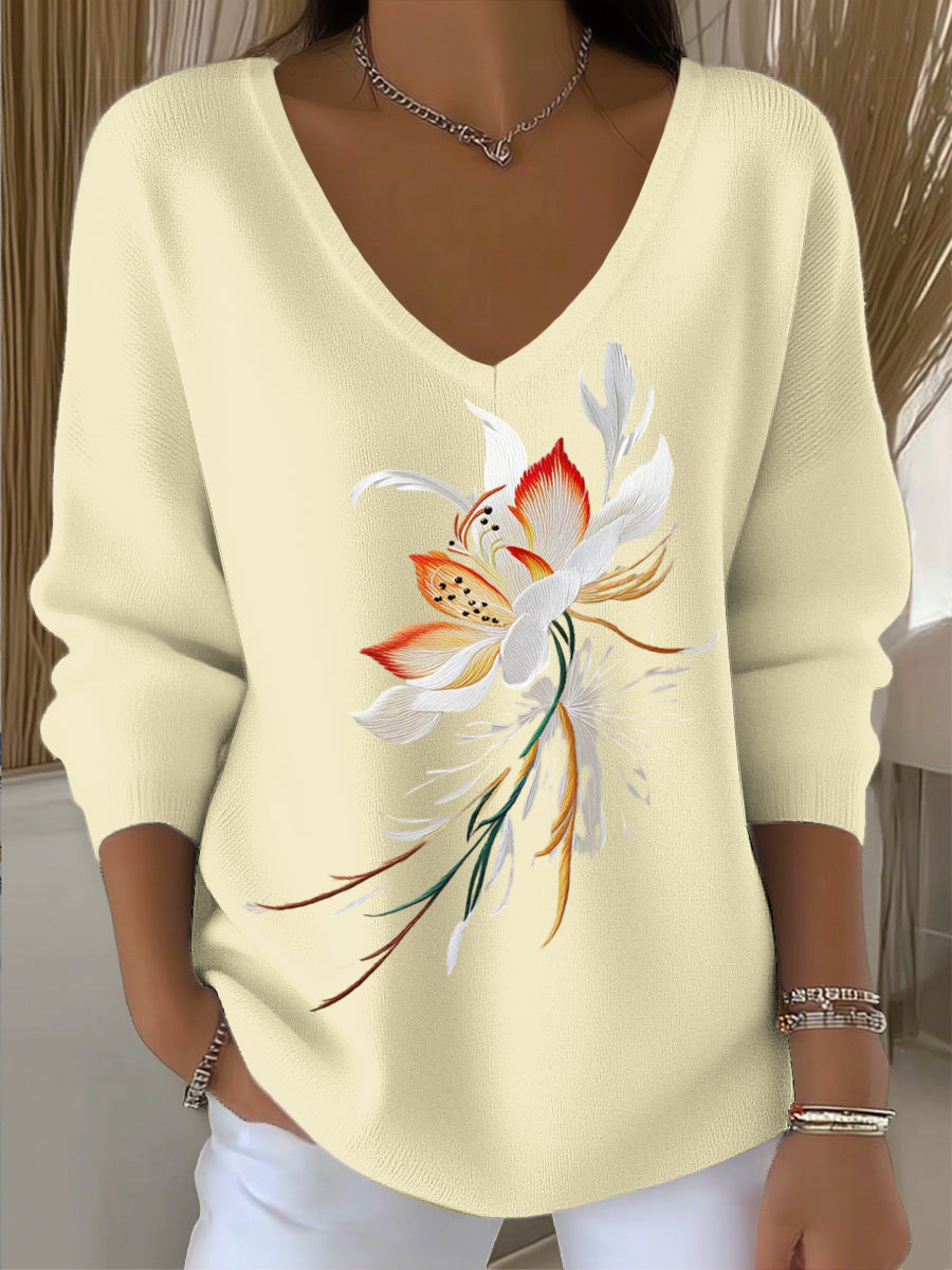 Γυναικείο ευρωπαϊκό στυλ ανοιχτό κίτρινο V-λαιμό πουλόβερ, στολισμένο με κομψό λουλουδιά κέντημα, τακτοποιημένο και χαλαρό, δημιουργώντας μια καθημερινή αίσθηση