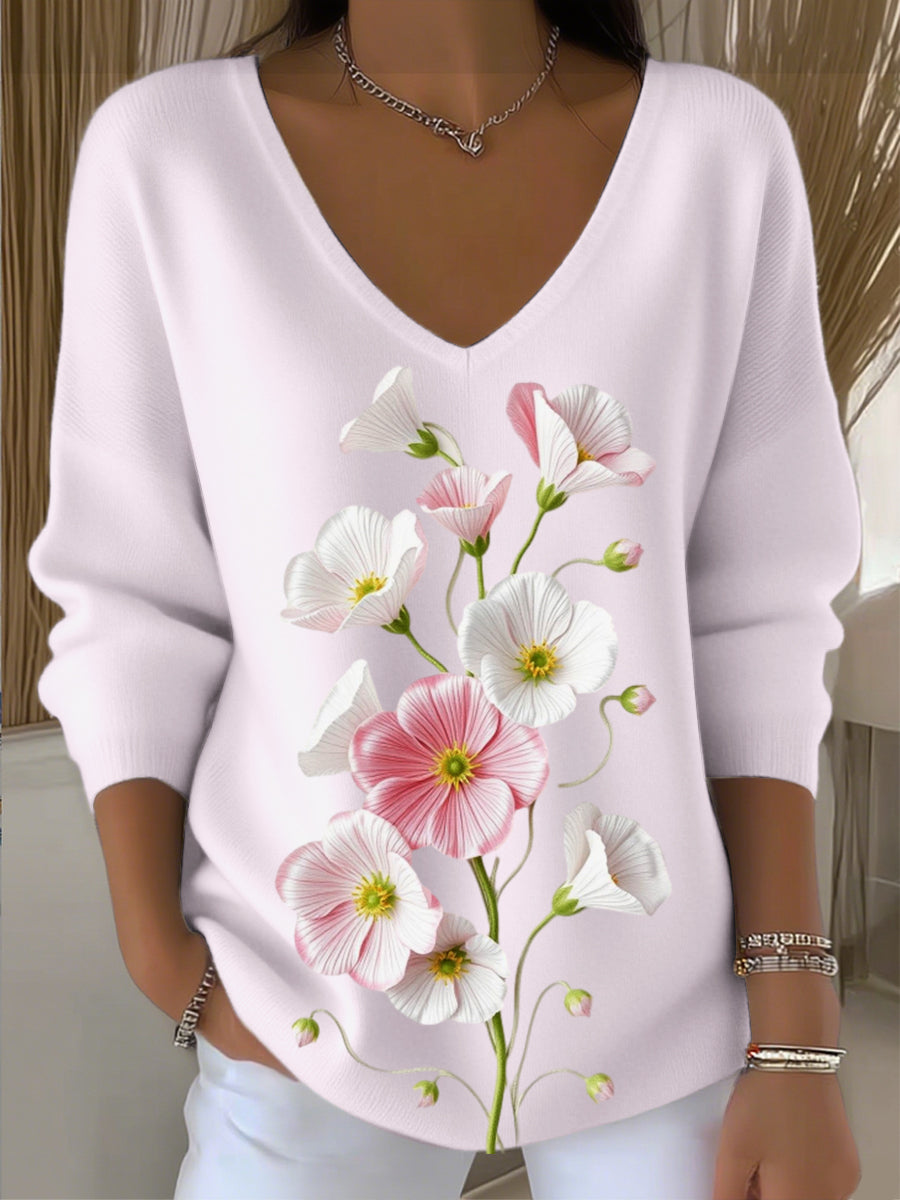 Γυναικείο ευρωπαϊκό στυλ ανοιχτό ροζ V-λαιμό πουλόβερ με απλό και μοντέρνο λουλούδι, κομψό και μοντέρνο, εύκολο να χειριστεί καθημερινή φθορά