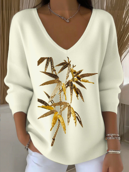 Γυναικείο ευρωπαϊκό στυλ ανοιχτό κίτρινο V-λαιμό πουλόβερ, στολισμένο με εξαίσια φύλλα κέντημα, απλό και μοντέρνο, παρουσιάζοντας στυλ στην καθημερινή φθορά