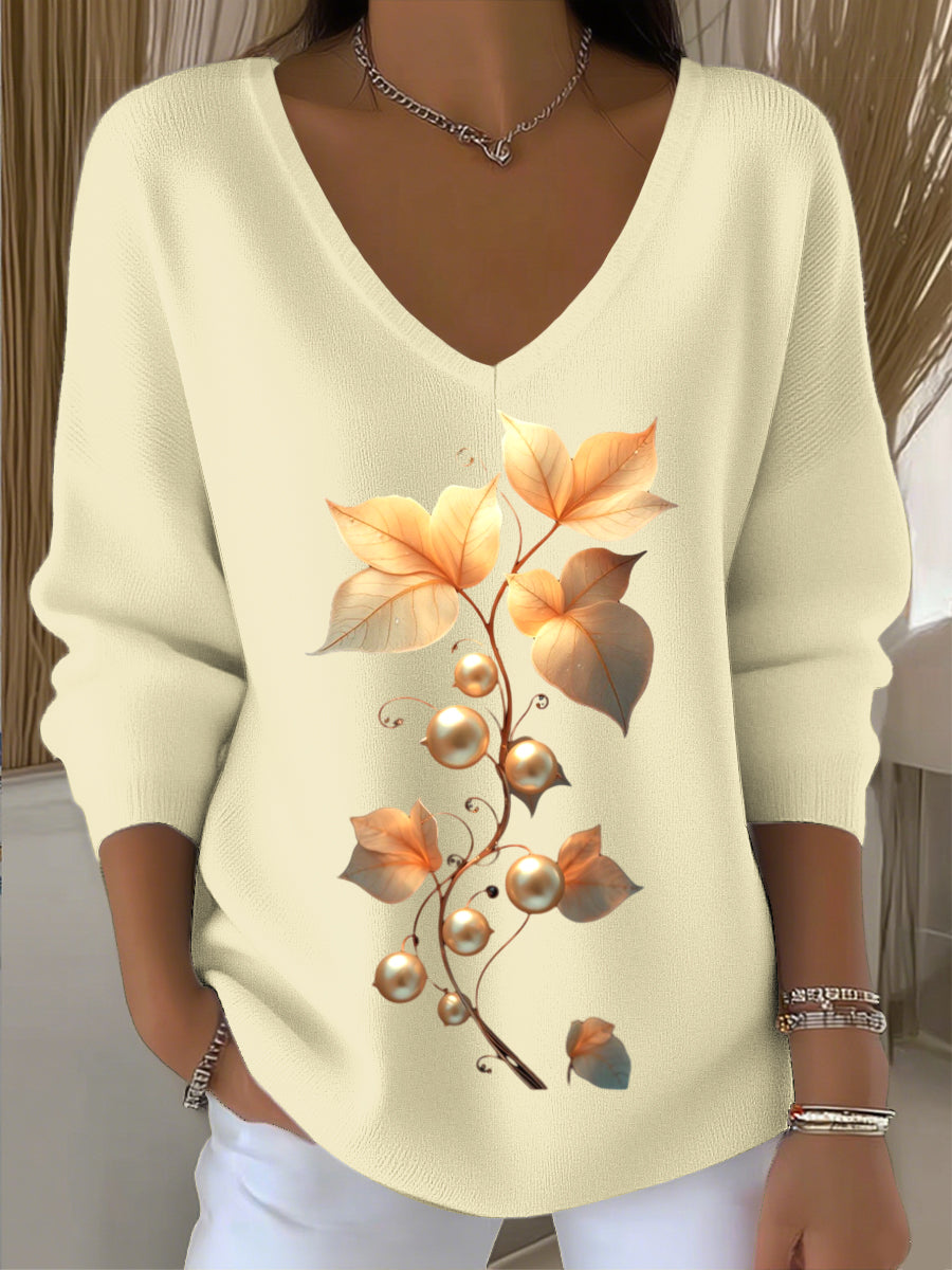 Γυναικείο ευρωπαϊκό στυλ ανοιχτό κίτρινο V-λαιμό πουλόβερ, στολισμένο με απλό λουλούδι, απλό και ατμοσφαιρικό, παρουσιάζοντας στυλ στην καθημερινή φθορά