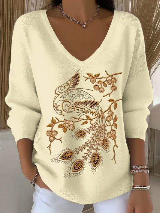 Γυναικείο ευρωπαϊκό στυλ ανοιχτό κίτρινο V-λαιμό πουλόβερ, στολισμένο με εξαίσια κεντήματα παγωνιού, απλό και ατμοσφαιρικό, εμφάνιση στυλ σε καθημερινή φθορά