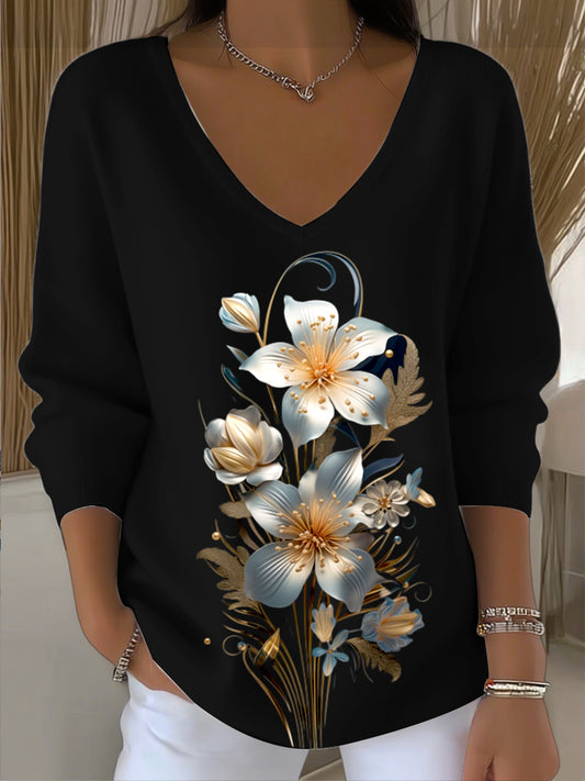 Γυναικείο ευρωπαϊκό στυλ μαύρο V-λαιμό πουλόβερ, συνδυασμένο με εξαίσια ανθισμένα κεντήματα, μοντέρνα και ζεστά, κατάλληλο για καθημερινές ανάγκες