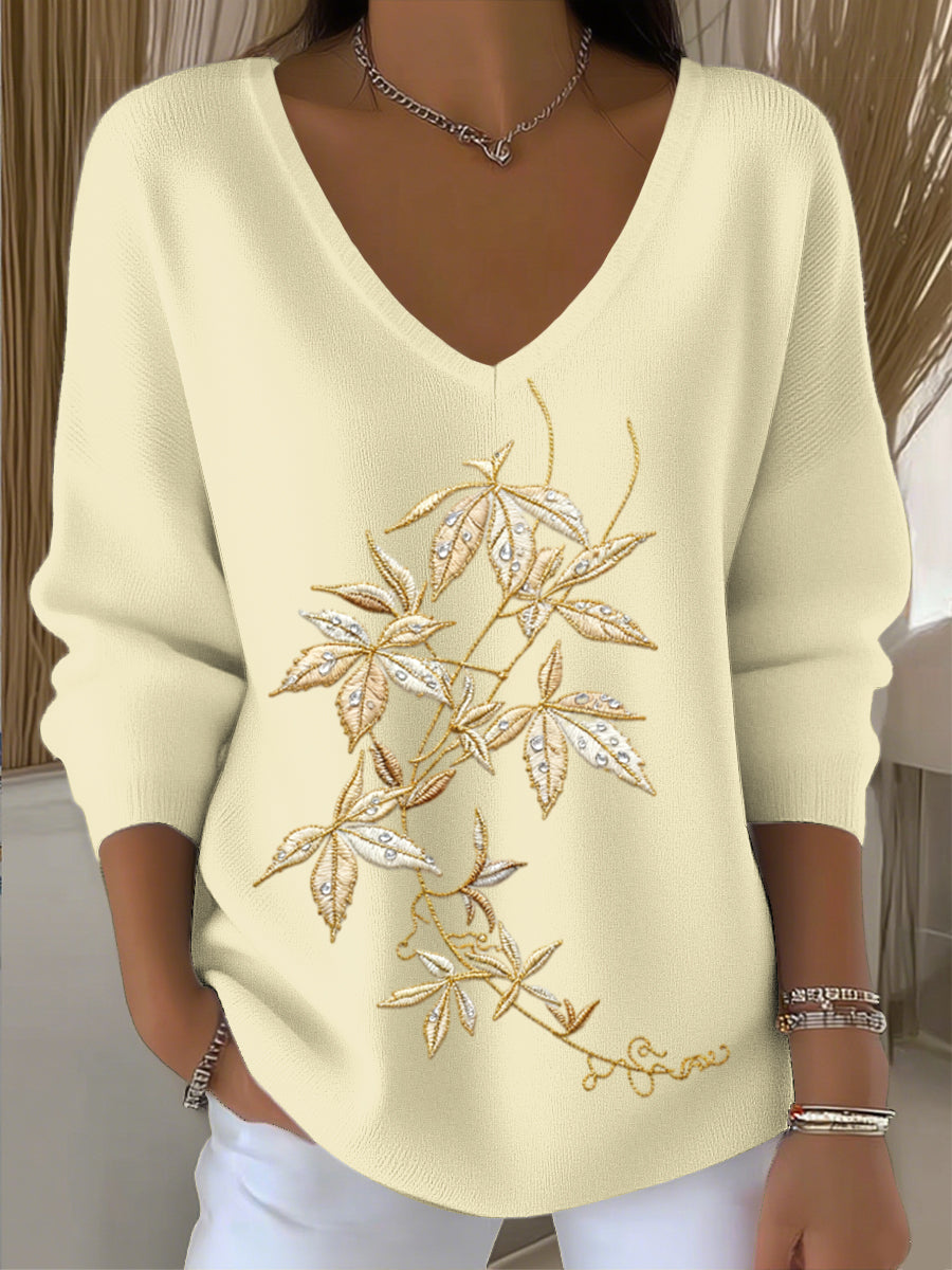 Γυναικείο ευρωπαϊκό στυλ ανοιχτό κίτρινο V-λαιμό πουλόβερ, συνδυασμένο με φύλλα κεντήματα, μοντέρνο ιδιοσυγκρασία, κατάλληλο για καθημερινή φθορά