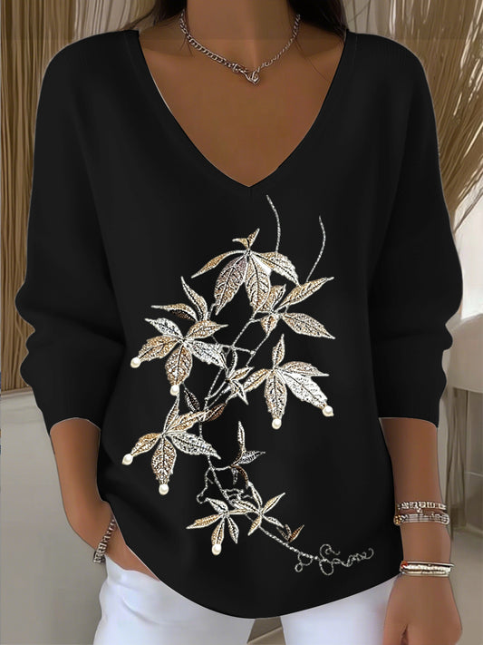 Γυναικείο ευρωπαϊκό στυλ μαύρο V-λαιμό πουλόβερ με εξαίσια και ατμοσφαιρικά κεντήματα φύλλων, μοντέρνα και άνετα, η πρώτη επιλογή για το χειμώνα