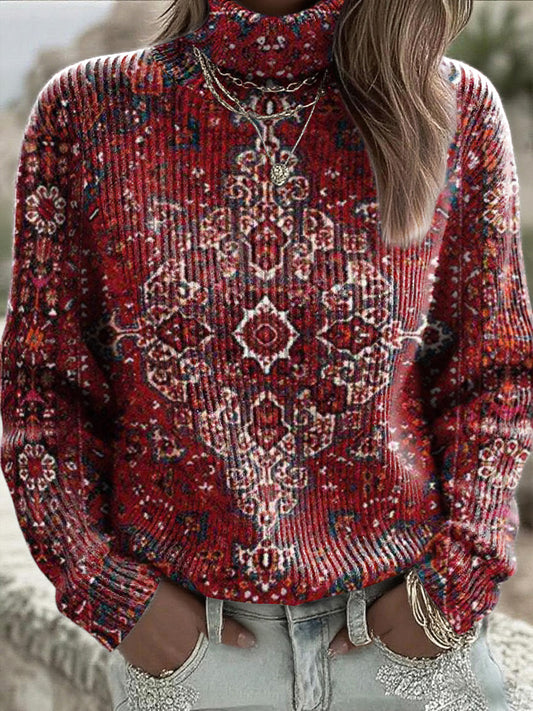 Γυναικείο βαθύ κόκκινο παραδοσιακό μοτίβο ψηλό λαιμό jumper.