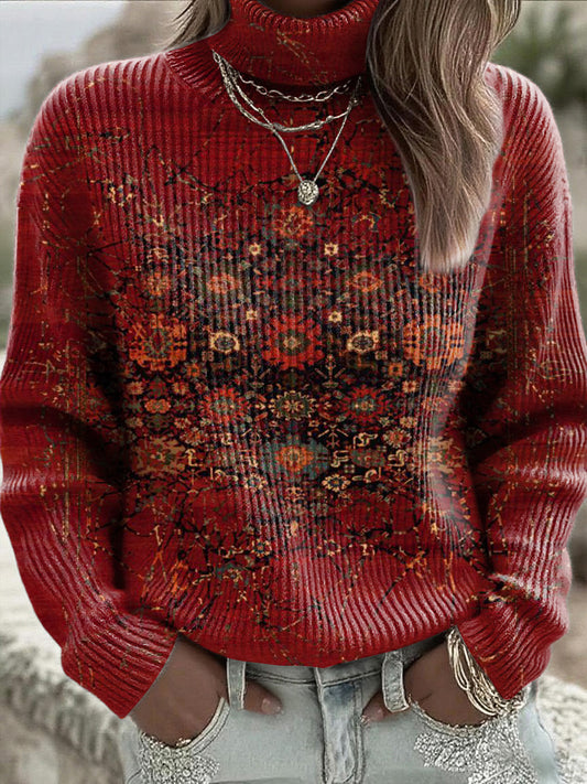 Γυναικεία βαθιά κόκκινη παραδοσιακή εκτύπωση Niche υψηλό λαιμό Jumper λαιμό