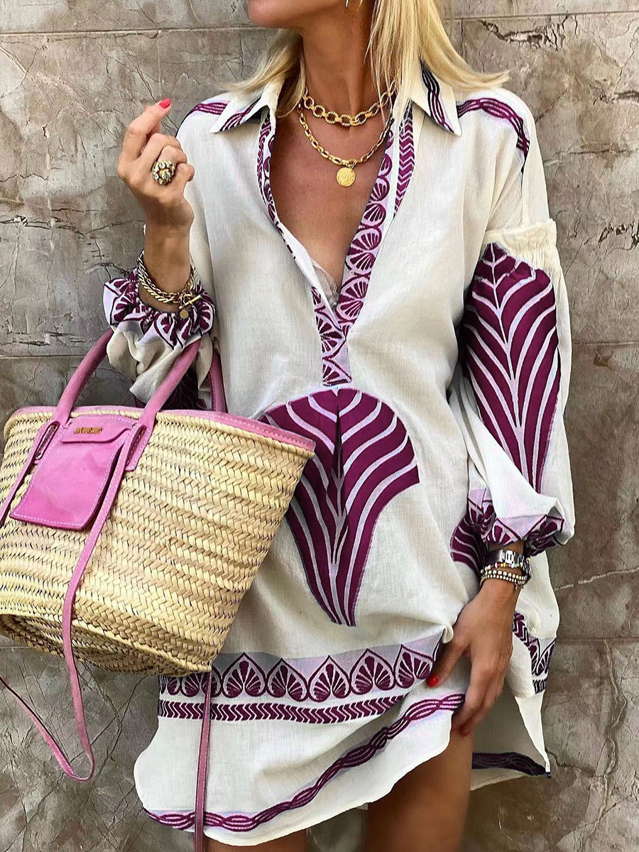 Γυναικείο Εθνικό Εκτύπωση Μακρά μανίκι φόρεμα πουκάμισο