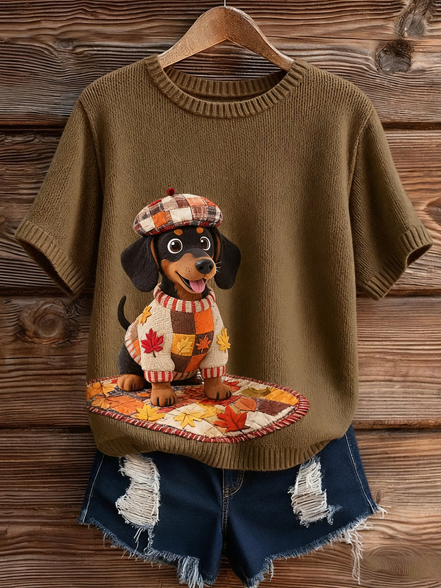 Γυναικείο καλλιτεχνικό ζώο εκτύπωση άνετο πλεκτό κοντό μανίκι κορυφού