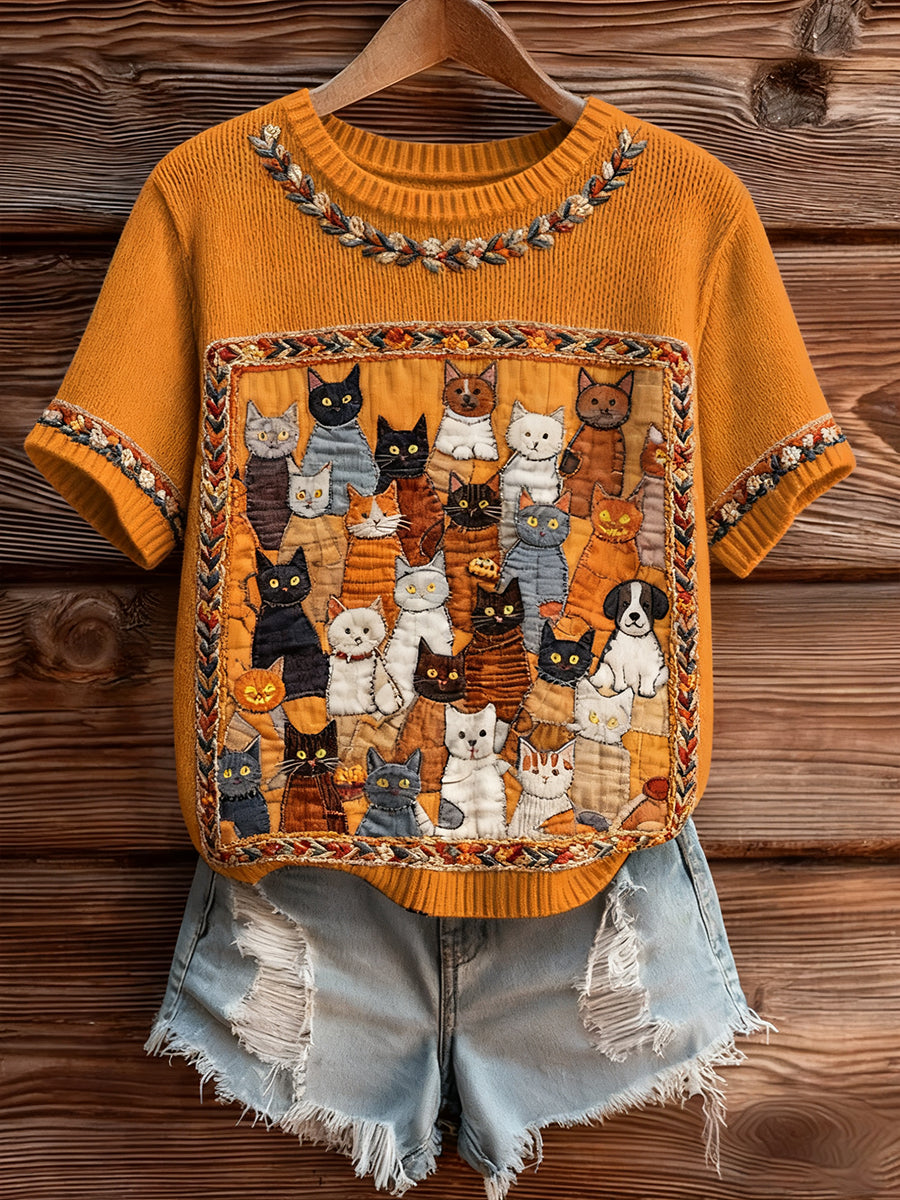 Γυναικείο καλλιτεχνικό ζώο εκτύπωση άνετο πλεκτό κοντό μανίκι κορυφού