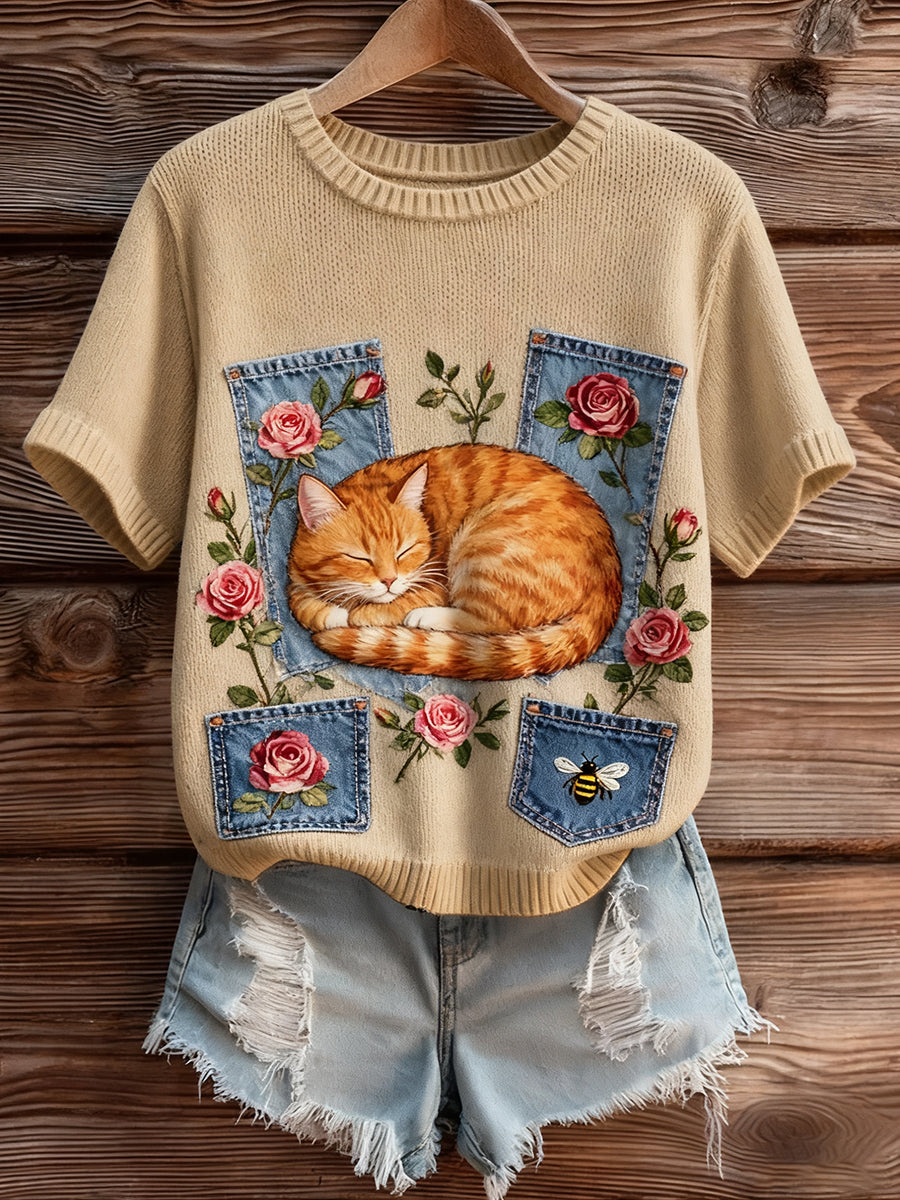 Γυναικείο καλλιτεχνικό ζώο εκτύπωση άνετο πλεκτό κοντό μανίκι κορυφού