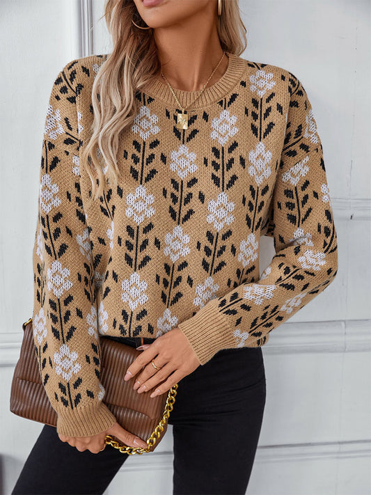 Γυναίκες Khaki Floral πληρώμα λαιμό Jumper λαιμό