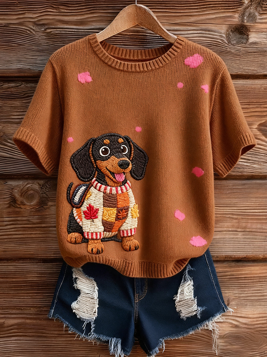 Γυναικείο καλλιτεχνικό ζώο εκτύπωση άνετο πλεκτό κοντό μανίκι κορυφού