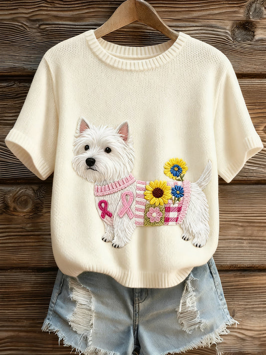 Γυναικείο καλλιτεχνικό ζώο εκτύπωση άνετο πλεκτό κοντό μανίκι κορυφού