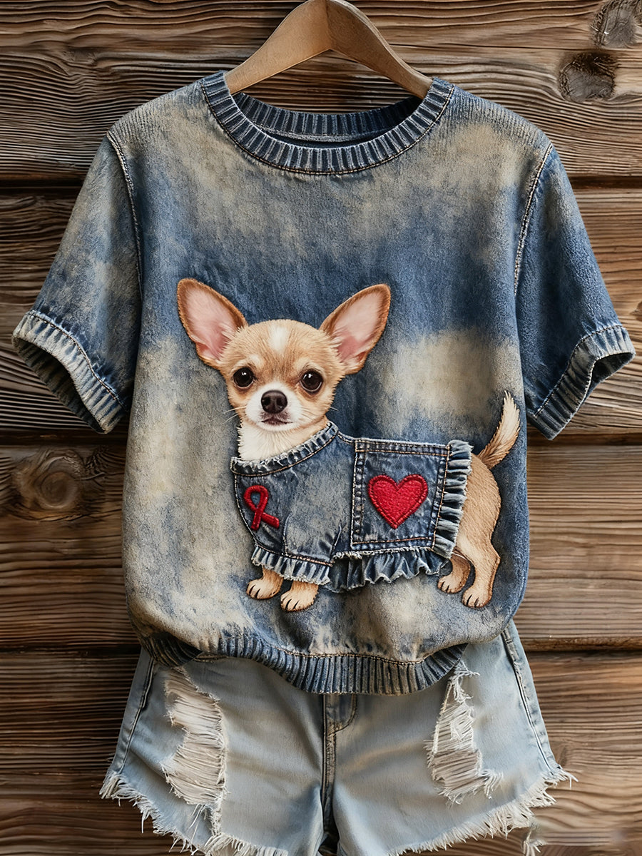 Γυναικείο καλλιτεχνικό ζώο εκτύπωση άνετο πλεκτό κοντό μανίκι κορυφού