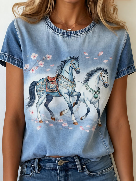 Γυναικείο Vintage Art ζώο εκτύπωση άνετο T-shirt