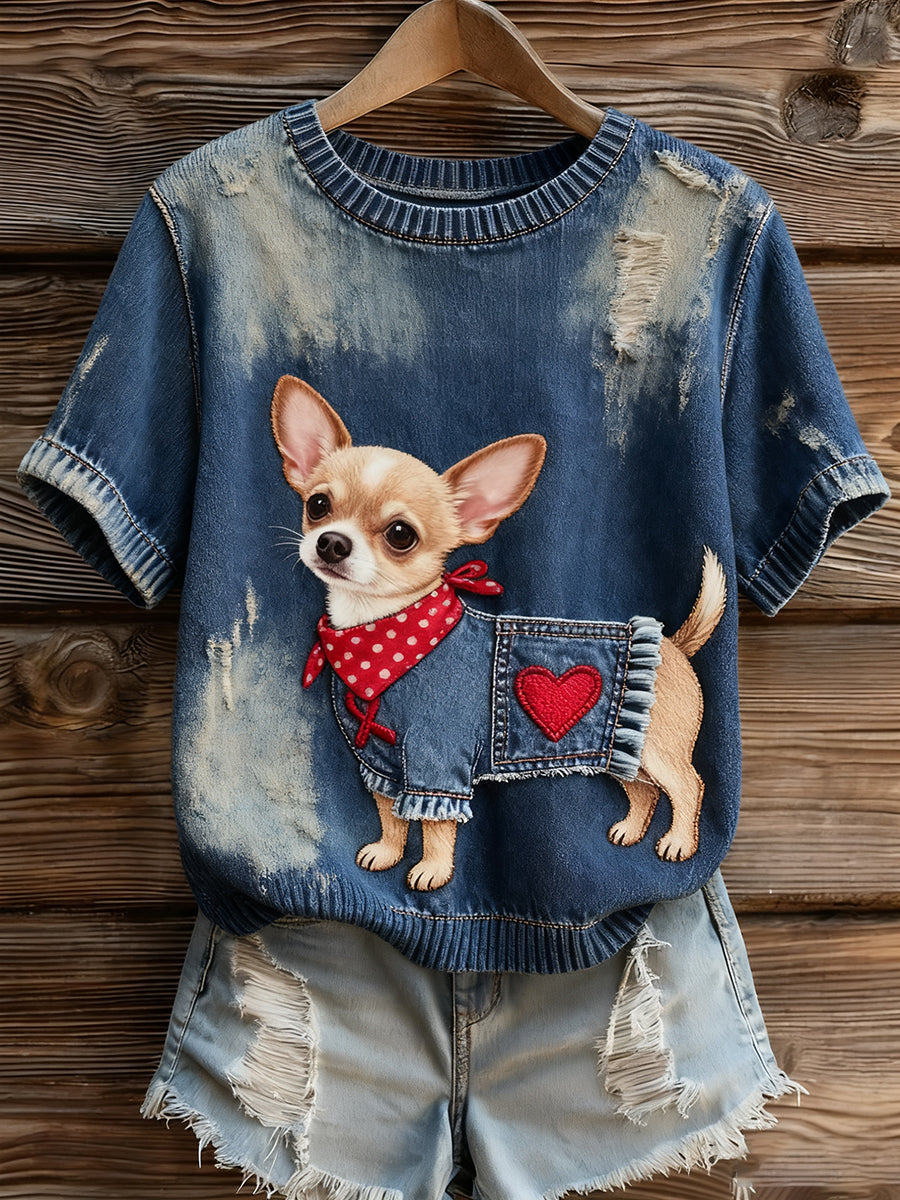 Γυναικείο καλλιτεχνικό ζώο εκτύπωση άνετο πλεκτό κοντό μανίκι κορυφού