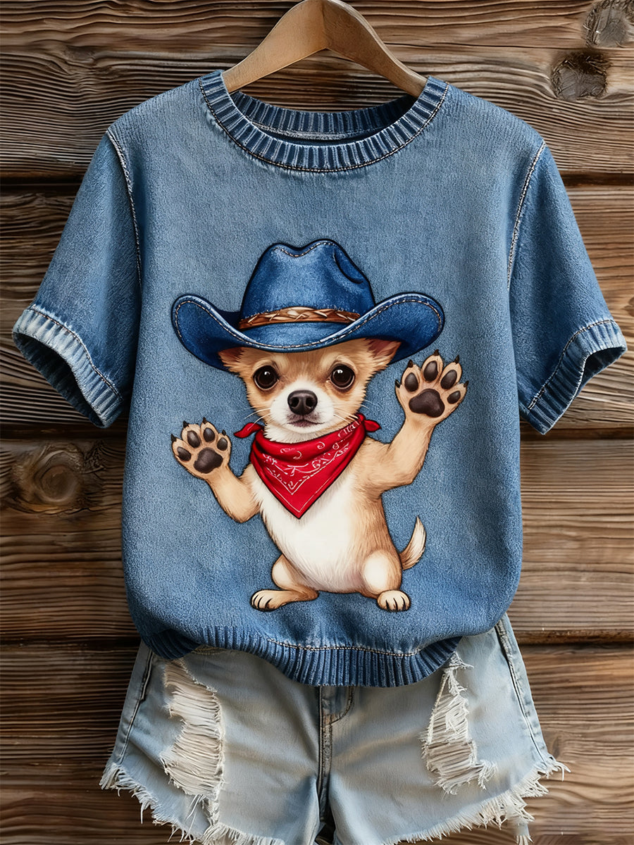 Γυναικείο καλλιτεχνικό ζώο εκτύπωση άνετο πλεκτό κοντό μανίκι κορυφού