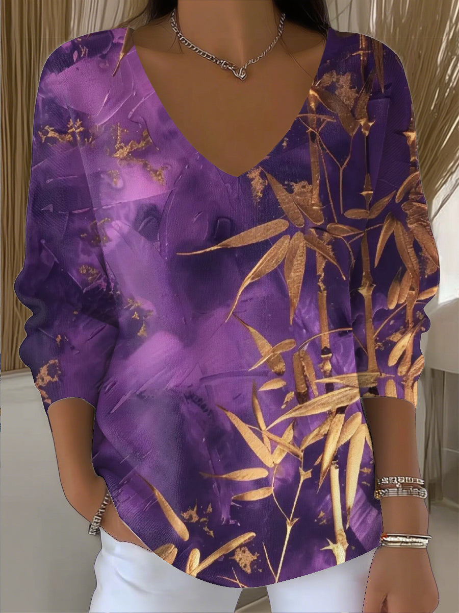 Γυναικείο Vintage Αφηρημένη φύλλα μπαμπού τέχνης V-τριμμένο κορυφή