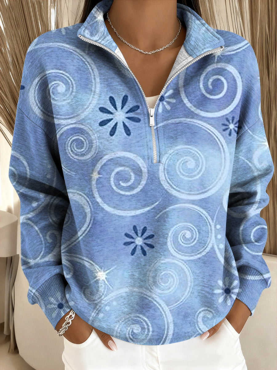 Γυναικείο Vintage Floral Εκτύπωση Καλλιτεχνική V-Neck φερμουάρ πουλόβερο