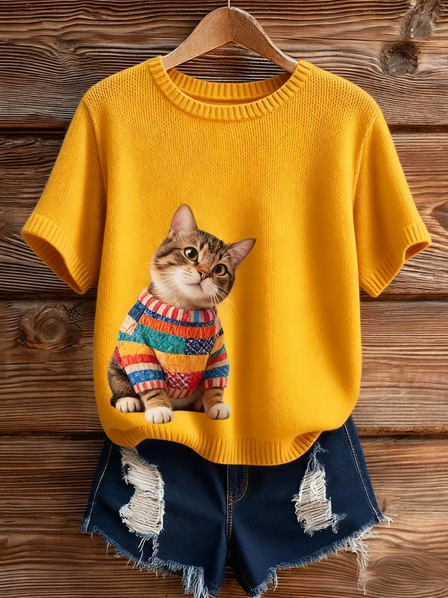 Γυναικείο Vintage Art ζώο Εκτύπωση Άνετο πλέξιμο πουλόβερ Κοντομάνικο