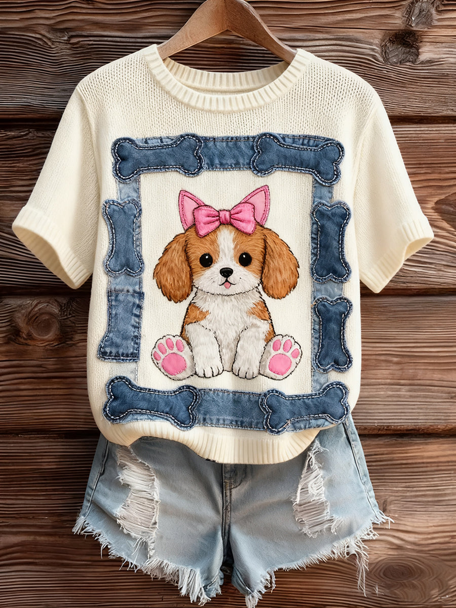 Γυναικείο Vintage Art ζώο Εκτύπωση Άνετο πλέξιμο πουλόβερ Κοντομάνικο