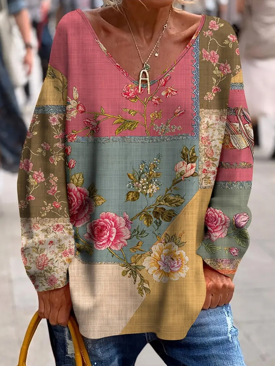 Γυναικείο Vintage τέχνη Floral Εκτύπωση άνεση κορυφή