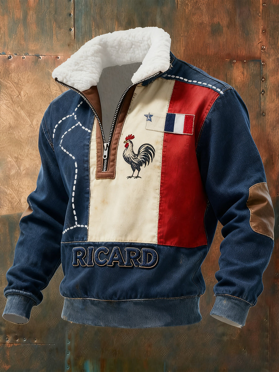 Ανδρικά Vintage γαλλική σημαία Ricard Casual Zip-Up γούνα κολάρο