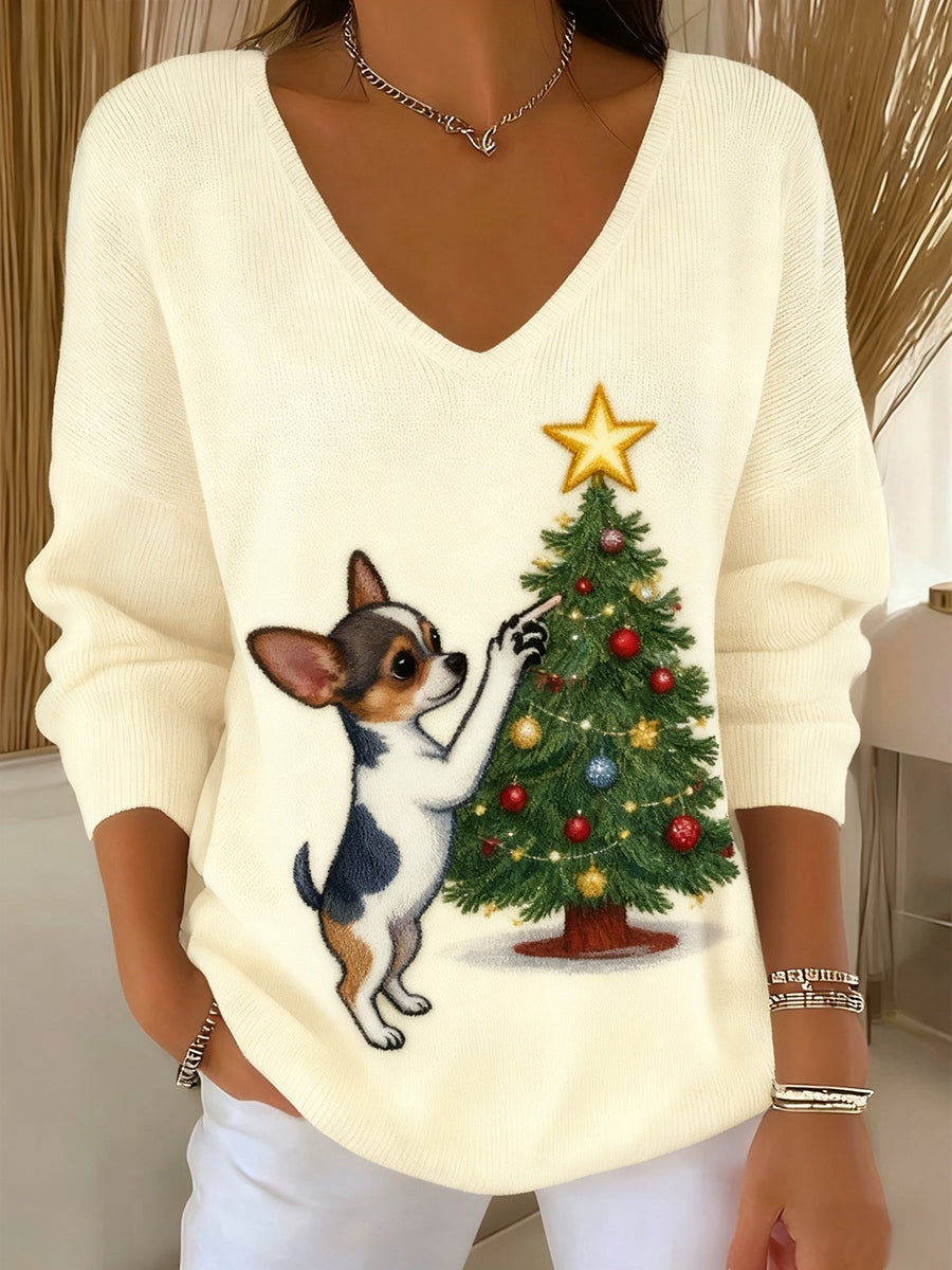 Γυναικείο Vintage Χριστουγεννιάτικο Ζώο εκτύπωση Casual μακριά μανίκι κορυφαίο