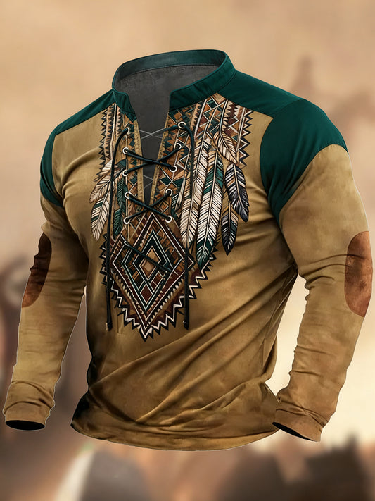 Vintage δυτική τέχνη εκτύπωση χώρα στυλ V-Neck Henley μακριά μανίκι πουκάμισα