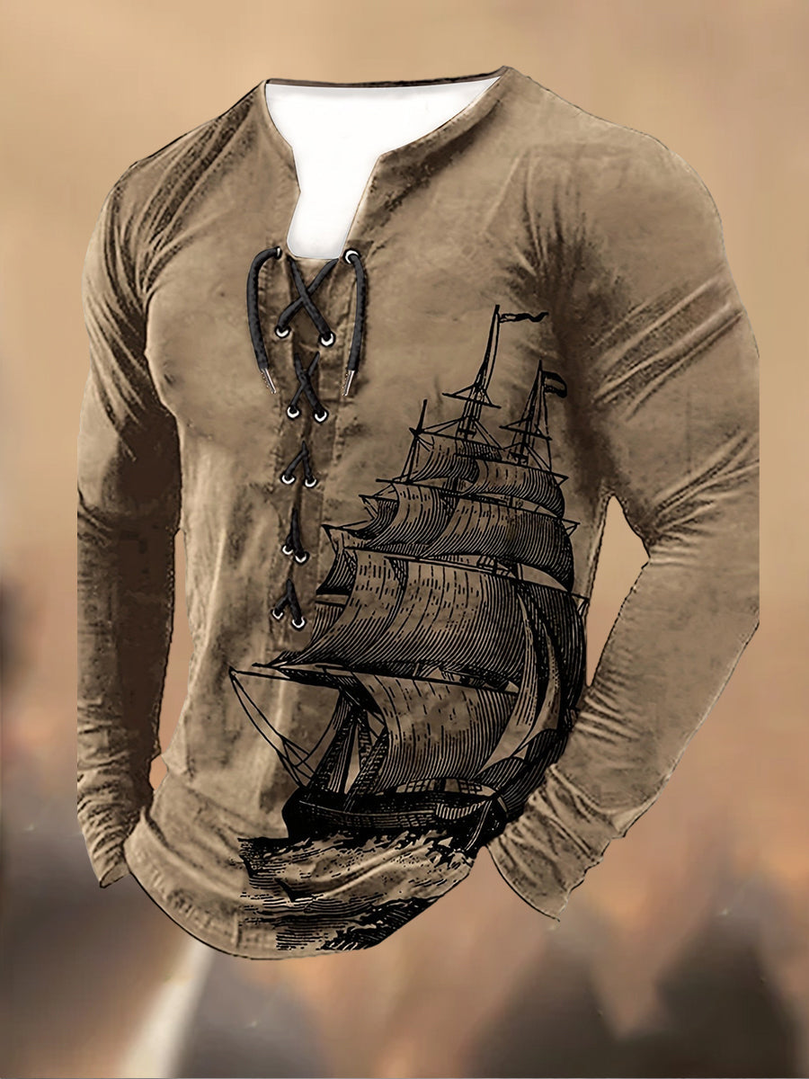 Ανδρικά Retro εκτύπωση Δαντέλα-Up κουκούλα μακριά μανίκι περιστασιακή κορυφή κορυφαίο