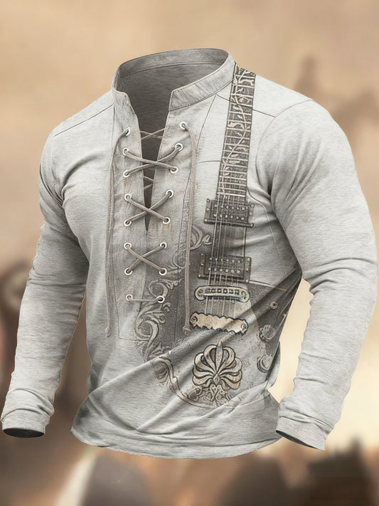 Vintage δυτική τέχνη εκτύπωση χώρα στυλ V-Neck Henley μακριά μανίκι πουκάμισα