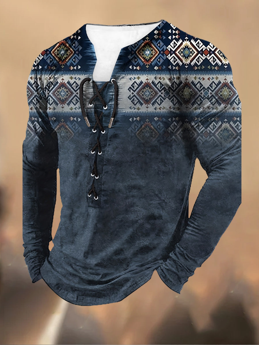 Ανδρικά Retro εκτύπωση Δαντέλα-Up κουκούλα μακριά μανίκι περιστασιακή κορυφή κορυφαίο