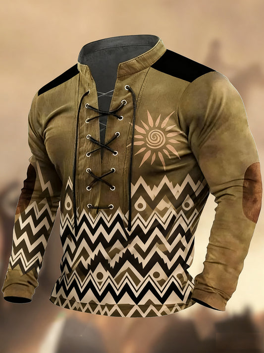 Vintage δυτική τέχνη εκτύπωση χώρα στυλ V-Neck Henley μακριά μανίκι πουκάμισα