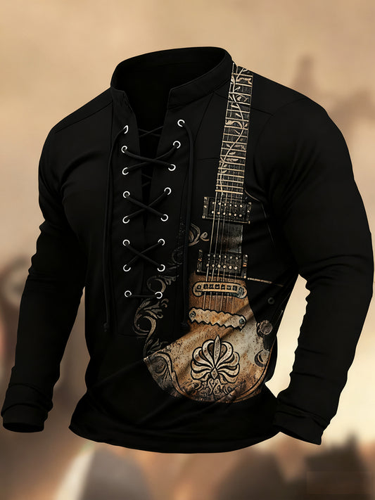 Vintage δυτική τέχνη εκτύπωση χώρα στυλ V-Neck Henley μακριά μανίκι πουκάμισα