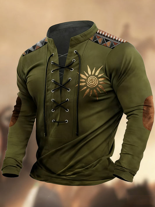 Vintage δυτική τέχνη εκτύπωση χώρα στυλ V-Neck Henley μακριά μανίκι πουκάμισα