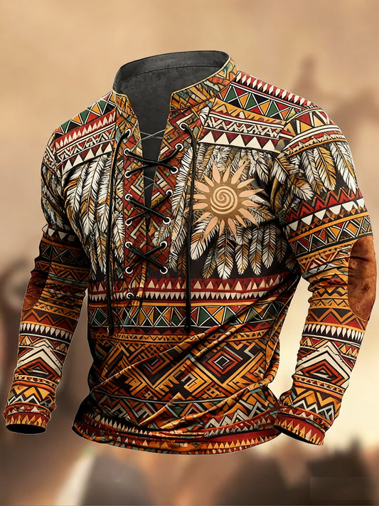 Vintage δυτική τέχνη εκτύπωση χώρα στυλ V-Neck Henley μακριά μανίκι πουκάμισα