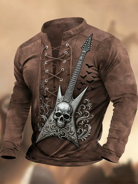 Vintage δυτική τέχνη εκτύπωση χώρα στυλ V-Neck Henley μακριά μανίκι πουκάμισα