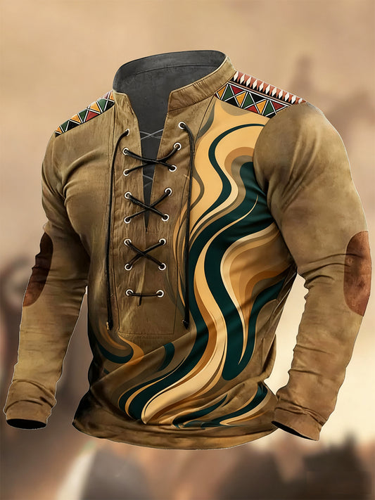 Vintage δυτική τέχνη εκτύπωση χώρα στυλ V-Neck Henley μακριά μανίκι πουκάμισα