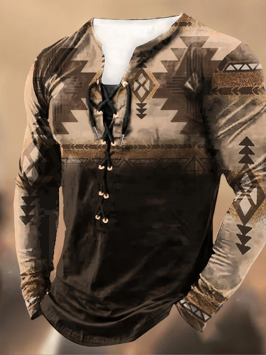 Ανδρικά Retro εκτύπωση Δαντέλα-Up κουκούλα μακριά μανίκι περιστασιακή κορυφή κορυφαίο