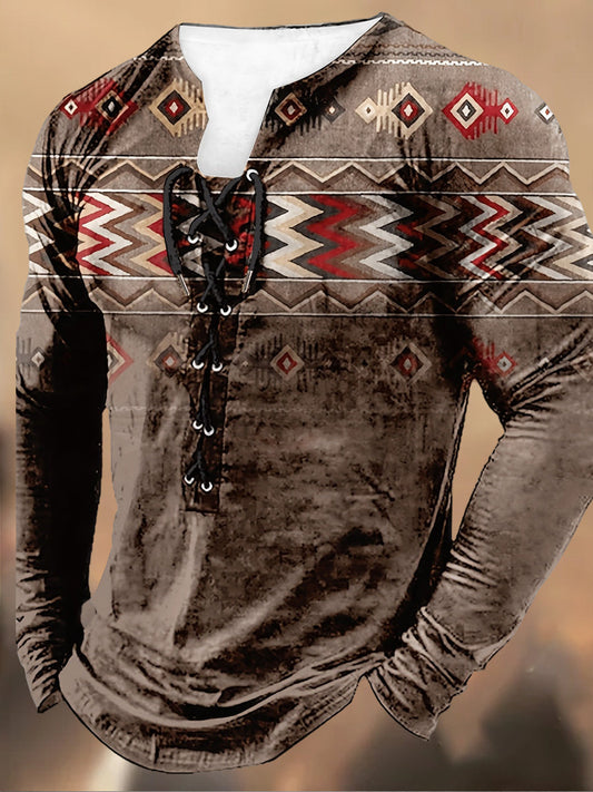 Ανδρικά Retro εκτύπωση Δαντέλα-Up κουκούλα μακριά μανίκι περιστασιακή κορυφή κορυφαίο