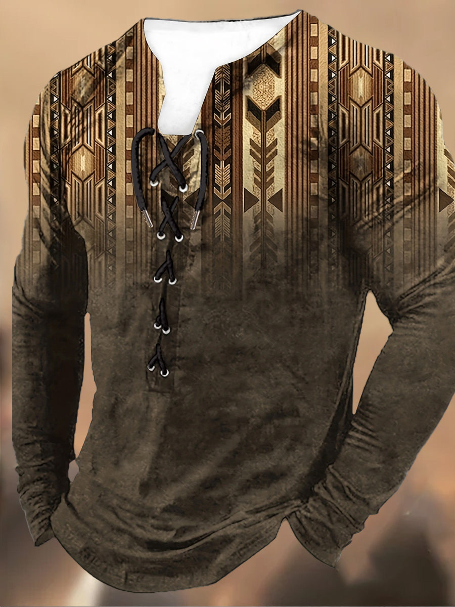 Ανδρικά Retro εκτύπωση Δαντέλα-Up κουκούλα μακριά μανίκι περιστασιακή κορυφή κορυφαίο