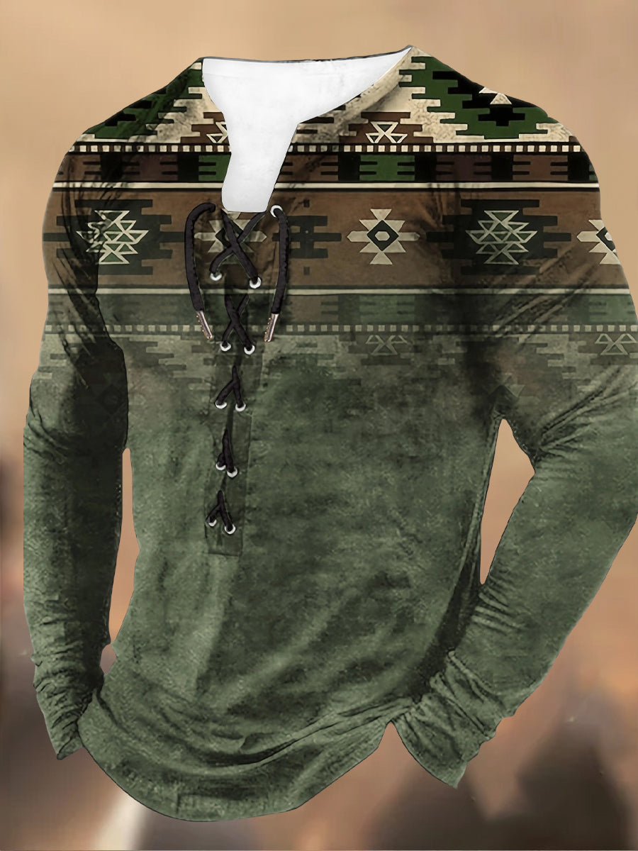 Ανδρικά Retro εκτύπωση Δαντέλα-Up κουκούλα μακριά μανίκι περιστασιακή κορυφή κορυφαίο